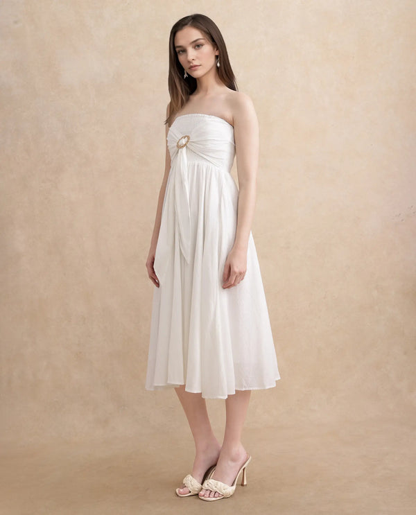 Rareism Women Janpla Off White Cotton Fabric Sleeveless Tube Neck Fit And Flare Midi Plain Dress