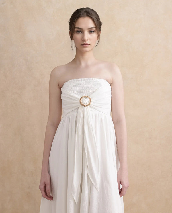 Rareism Women Janpla Off White Cotton Fabric Sleeveless Tube Neck Fit And Flare Midi Plain Dress