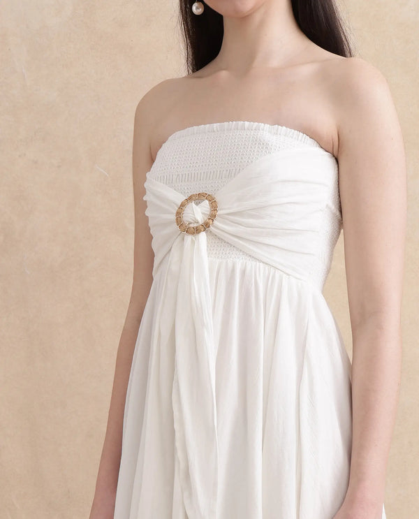 Rareism Women Janpla Off White Cotton Fabric Sleeveless Tube Neck Fit And Flare Midi Plain Dress