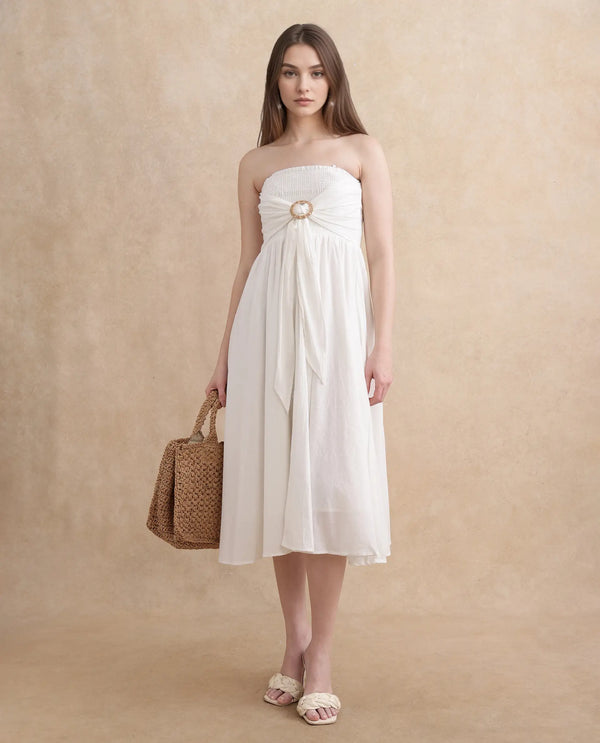 Rareism Women Janpla Off White Cotton Fabric Sleeveless Tube Neck Fit And Flare Midi Plain Dress