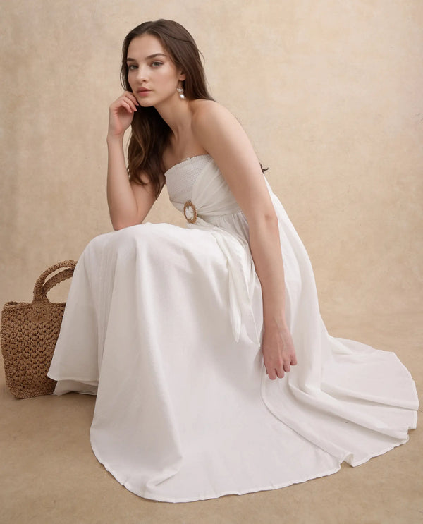 Rareism Women Janpla Off White Cotton Fabric Sleeveless Tube Neck Fit And Flare Midi Plain Dress