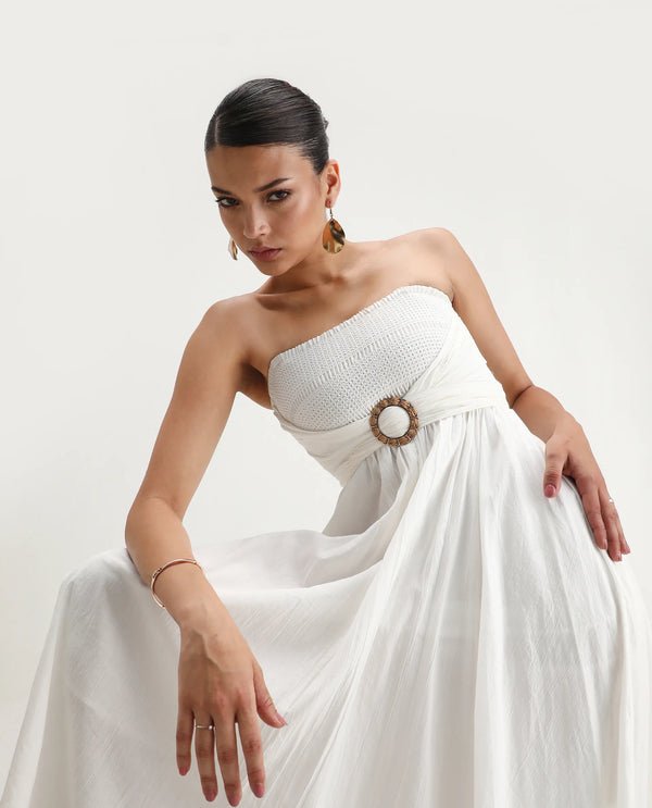 Rareism Women Janpla Off White 100% Cotton Fabric Sleeveless Tube Neck Fit And Flare Midi Plain Dress