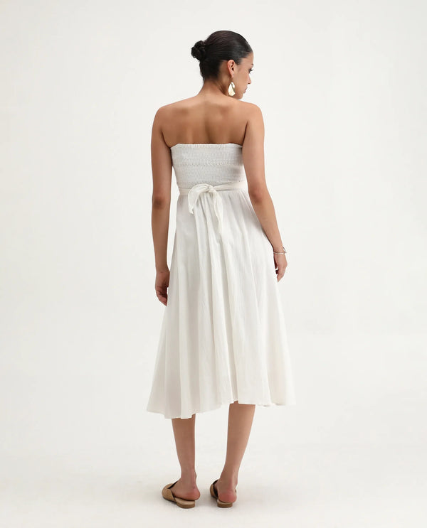 Rareism Women Janpla Off White 100% Cotton Fabric Sleeveless Tube Neck Fit And Flare Midi Plain Dress