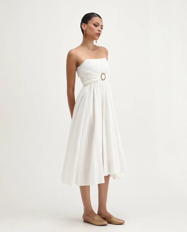 Rareism Women Janpla Off White 100% Cotton Fabric Sleeveless Tube Neck Fit And Flare Midi Plain Dress