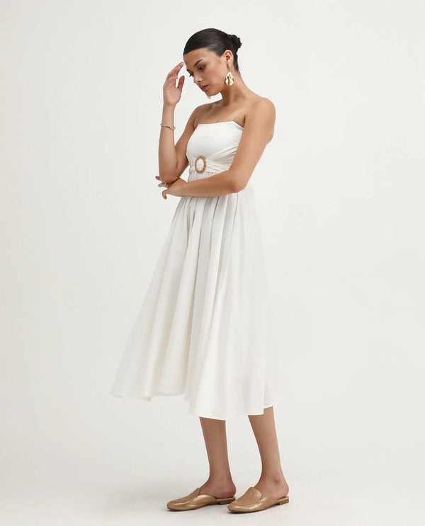 Rareism Women Janpla Off White 100% Cotton Fabric Sleeveless Tube Neck Fit And Flare Midi Plain Dress