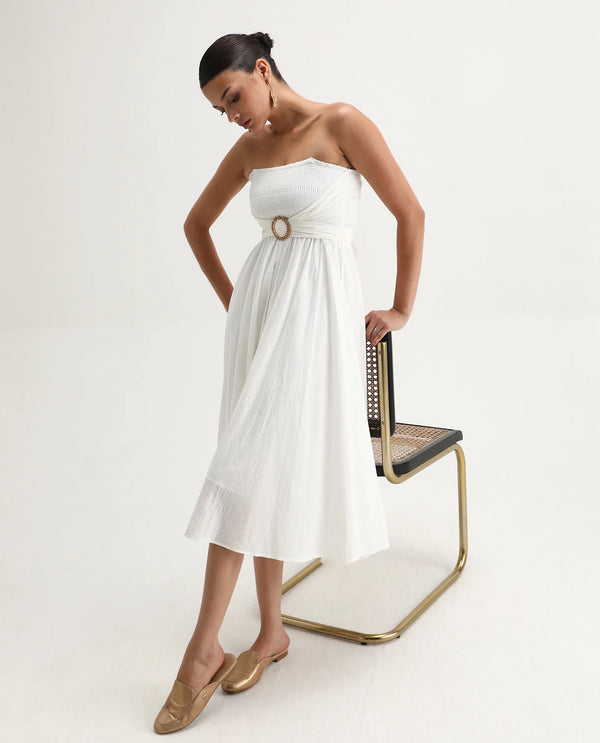 Rareism Women Janpla Off White 100% Cotton Fabric Sleeveless Tube Neck Fit And Flare Midi Plain Dress