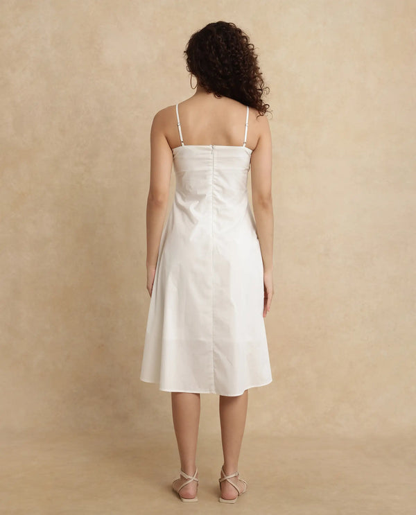 Rareism Women's Janpola White Cotton Fabric Shoulder Straps   Embroidered Flared Midi Dress