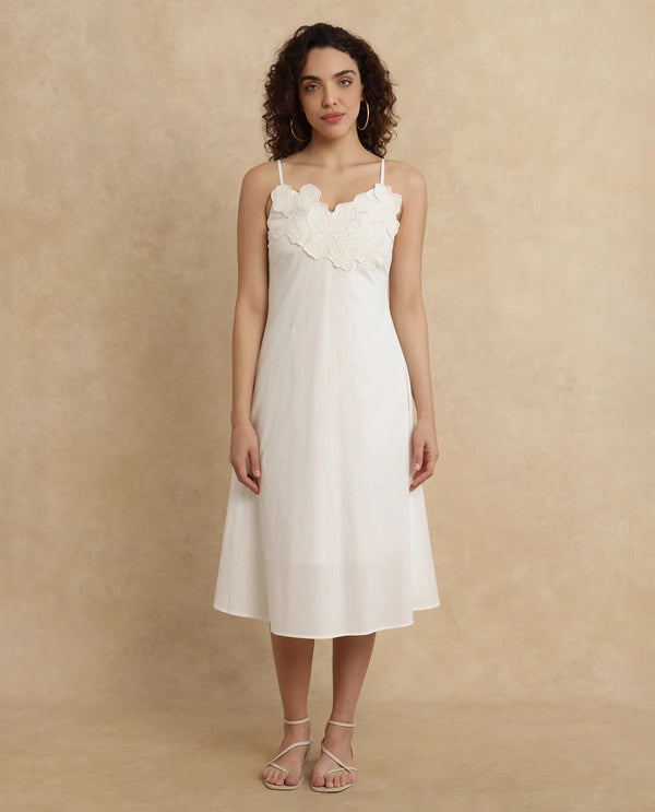 Rareism Women's Janpola White Cotton Fabric Shoulder Straps   Embroidered Flared Midi Dress