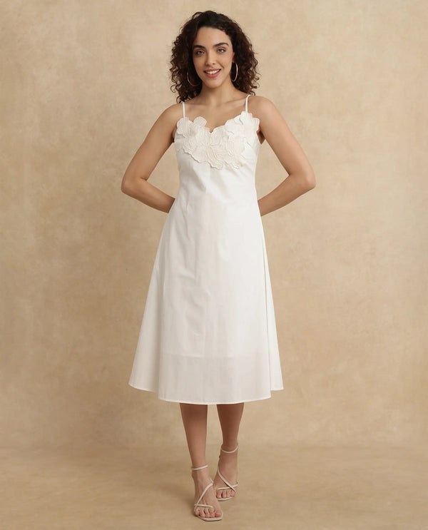 Rareism Women's Janpola White Cotton Fabric Shoulder Straps   Embroidered Flared Midi Dress