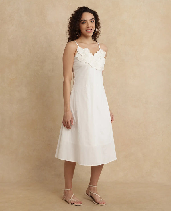 Rareism Women's Janpola White Cotton Fabric Shoulder Straps   Embroidered Flared Midi Dress
