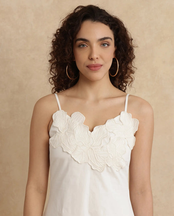 Rareism Women's Janpola White Cotton Fabric Shoulder Straps   Embroidered Flared Midi Dress