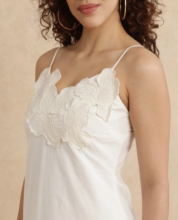Rareism Women's Janpola White Cotton Fabric Shoulder Straps   Embroidered Flared Midi Dress