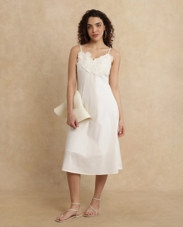 Rareism Women's Janpola White Cotton Fabric Shoulder Straps   Embroidered Flared Midi Dress