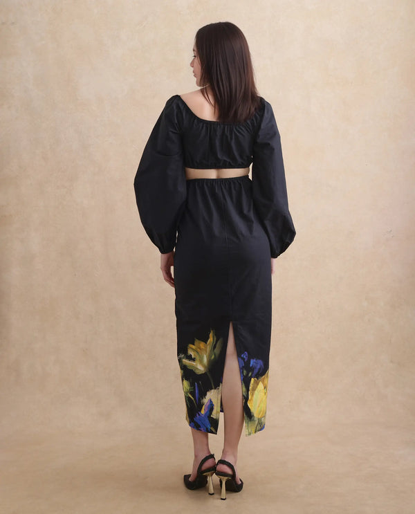 Rareism Women's Janqurt Black Cotton Fabric Square Neck  Bishop Sleeve Floral Print Fitted Maxi Dress