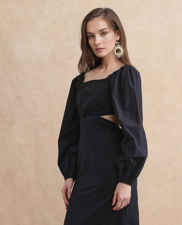 Rareism Women's Janqurt Black Cotton Fabric Square Neck  Bishop Sleeve Floral Print Fitted Maxi Dress