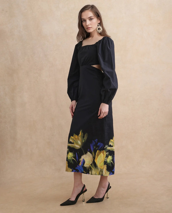 Rareism Women's Janqurt Black Cotton Fabric Square Neck  Bishop Sleeve Floral Print Fitted Maxi Dress