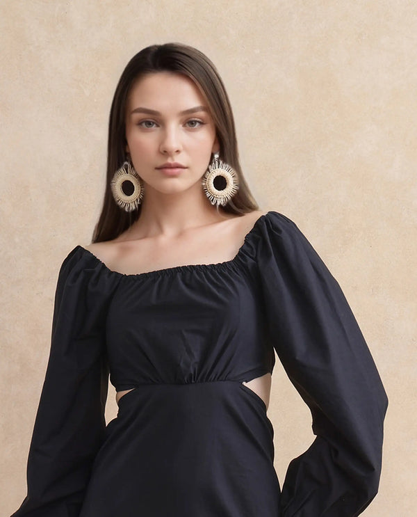 Rareism Women's Janqurt Black Cotton Fabric Square Neck  Bishop Sleeve Floral Print Fitted Maxi Dress