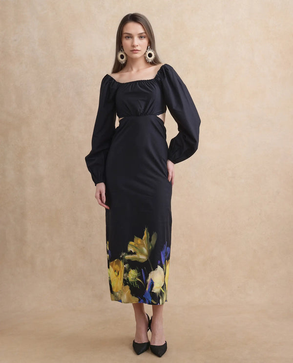 Rareism Women's Janqurt Black Cotton Fabric Square Neck  Bishop Sleeve Floral Print Fitted Maxi Dress