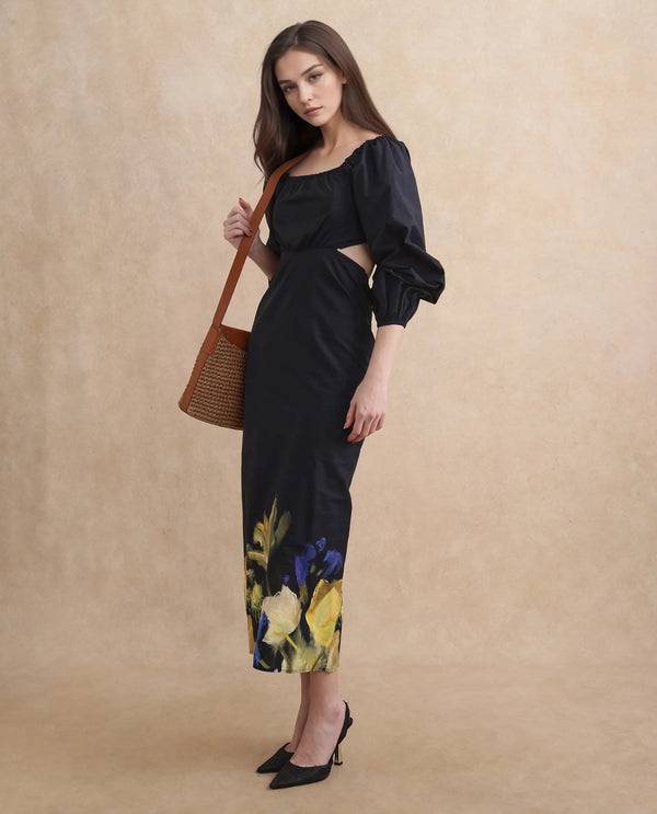 Rareism Women's Janqurt Black Cotton Fabric Square Neck  Bishop Sleeve Floral Print Fitted Maxi Dress