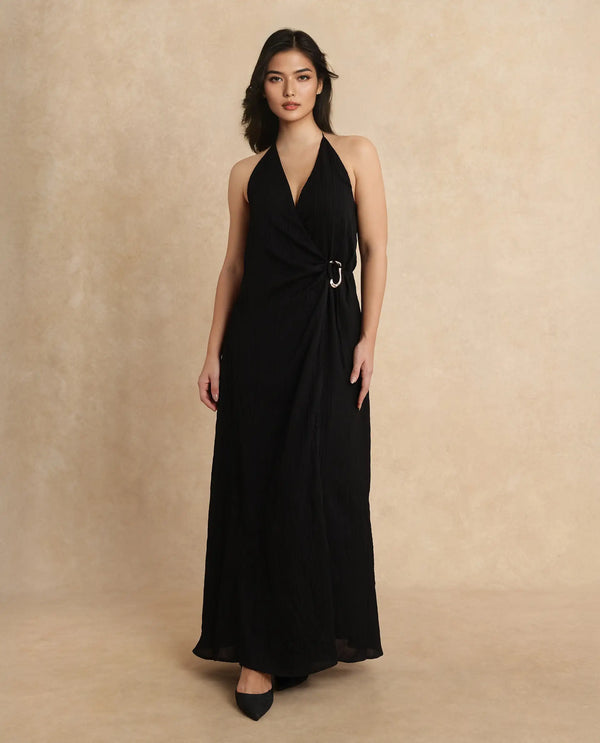 Rareism Women Janram Black Polyester Fabric Sleeveless Tie-Up Neck Wrap Maxi Plain Dress