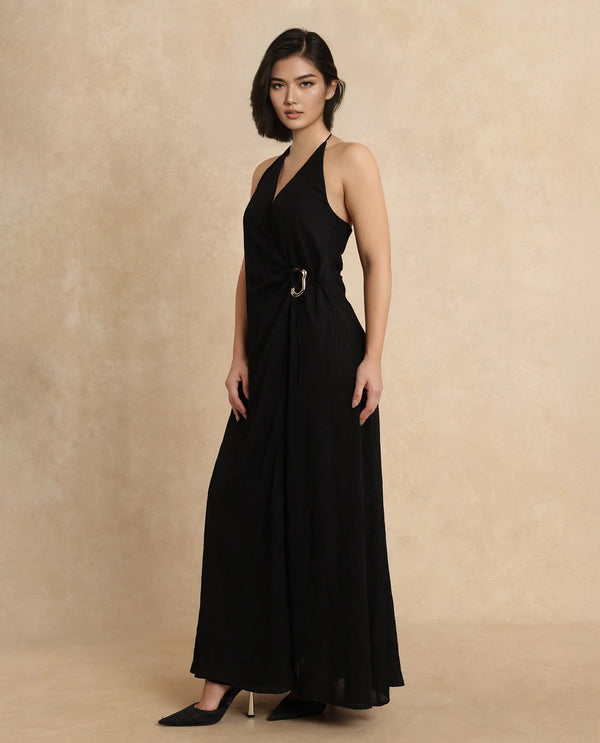 Rareism Women Janram Black Polyester Fabric Sleeveless Tie-Up Neck Wrap Maxi Plain Dress