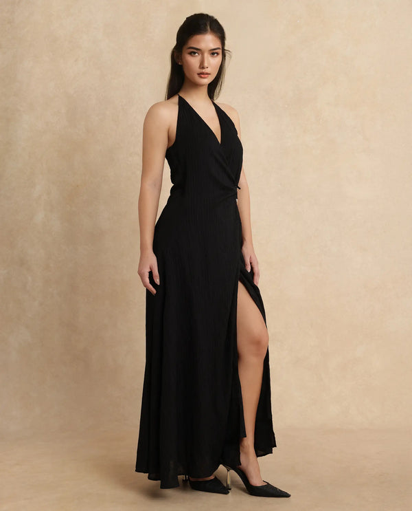 Rareism Women Janram Black Polyester Fabric Sleeveless Tie-Up Neck Wrap Maxi Plain Dress