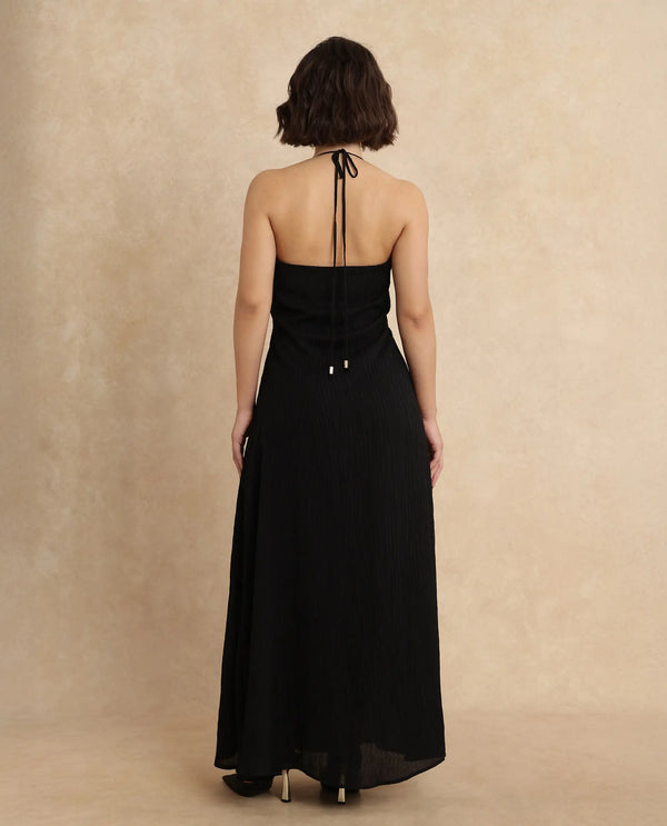Rareism Women Janram Black Polyester Fabric Sleeveless Tie-Up Neck Wrap Maxi Plain Dress