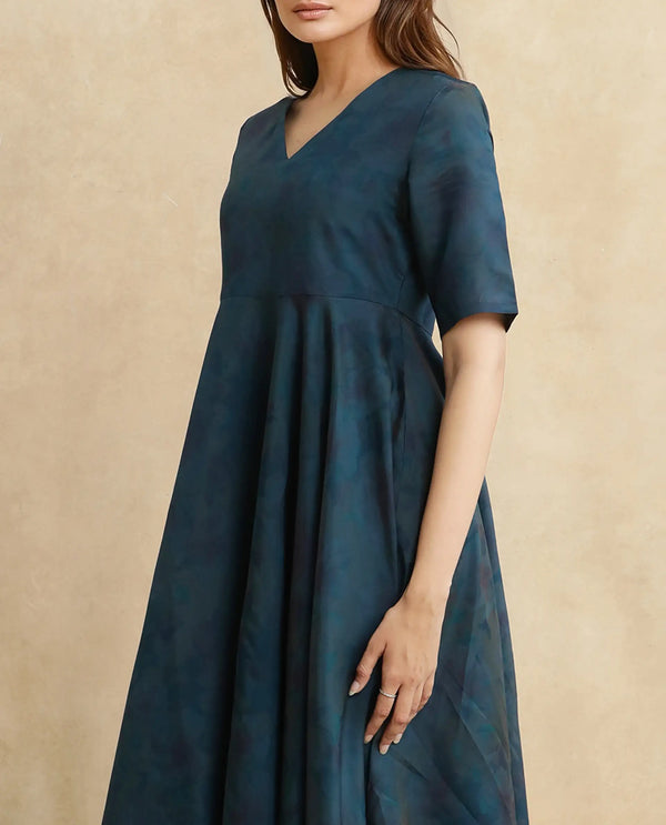 Rareism Women Janrims Dark Blue Polyester Fabric Bell Seeves Round Neck Fit And Flare Maxi Floral Print Dress