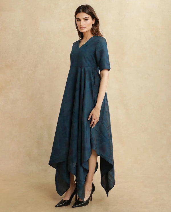 Rareism Women Janrims Dark Blue Polyester Fabric Bell Seeves Round Neck Fit And Flare Maxi Floral Print Dress