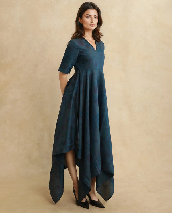 Rareism Women Janrims Dark Blue Polyester Fabric Bell Seeves Round Neck Fit And Flare Maxi Floral Print Dress