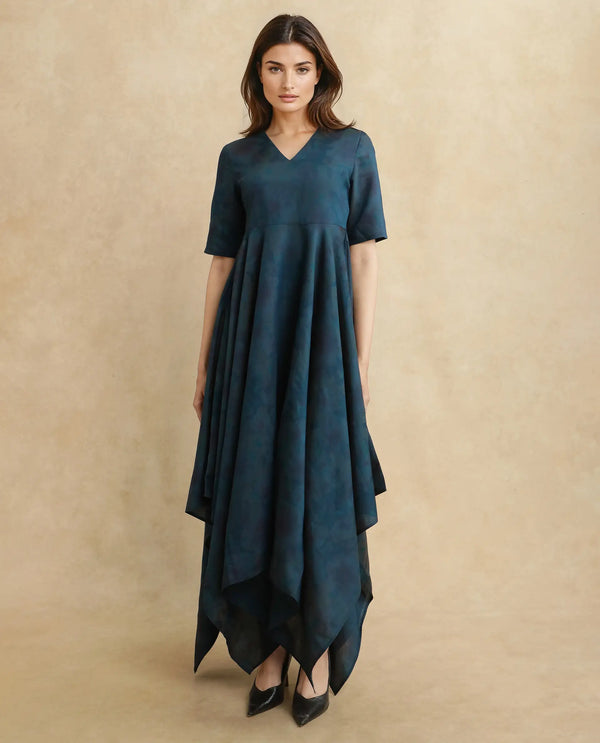 Rareism Women Janrims Dark Blue Polyester Fabric Bell Seeves Round Neck Fit And Flare Maxi Floral Print Dress