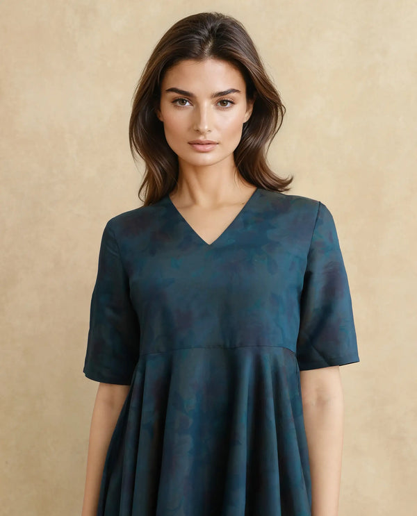 Rareism Women Janrims Dark Blue Polyester Fabric Bell Seeves Round Neck Fit And Flare Maxi Floral Print Dress