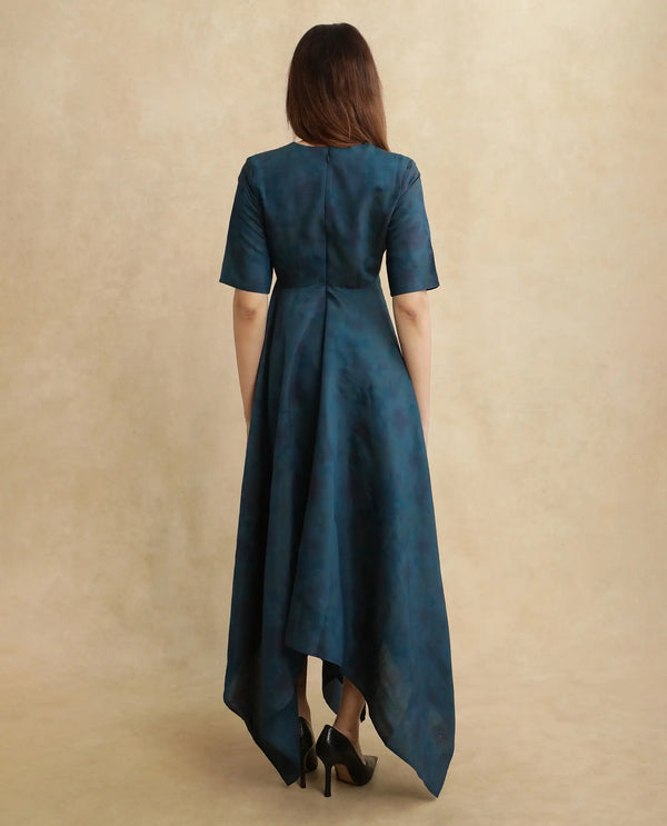 Rareism Women Janrims Dark Blue Polyester Fabric Bell Seeves Round Neck Fit And Flare Maxi Floral Print Dress