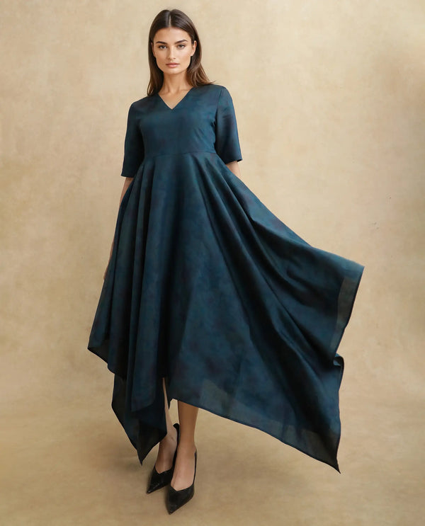 Rareism Women Janrims Dark Blue Polyester Fabric Bell Seeves Round Neck Fit And Flare Maxi Floral Print Dress