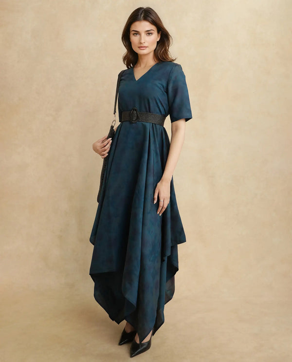 Rareism Women Janrims Dark Blue Polyester Fabric Bell Seeves Round Neck Fit And Flare Maxi Floral Print Dress