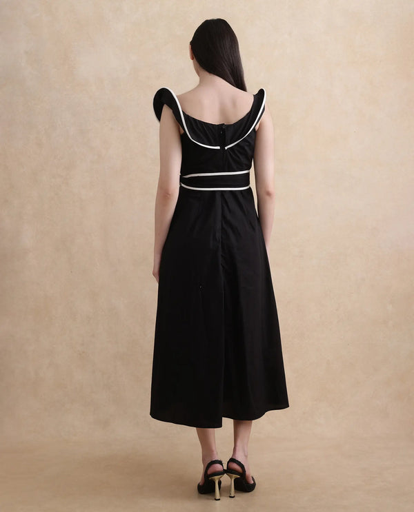 Rareism Women Janrol Black Cotton Fabric Sleeveless Johnny Collar Fit And Flare Midi Plain Dress