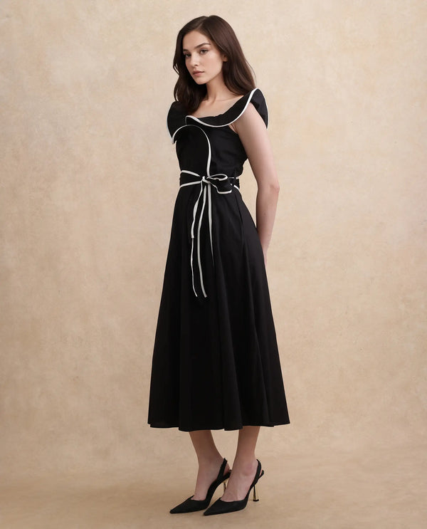 Rareism Women Janrol Black Cotton Fabric Sleeveless Johnny Collar Fit And Flare Midi Plain Dress