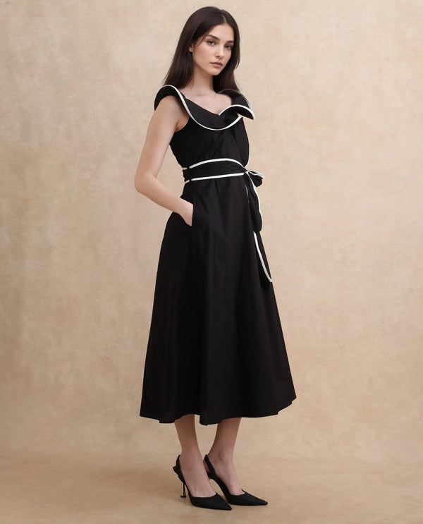 Rareism Women Janrol Black Cotton Fabric Sleeveless Johnny Collar Fit And Flare Midi Plain Dress