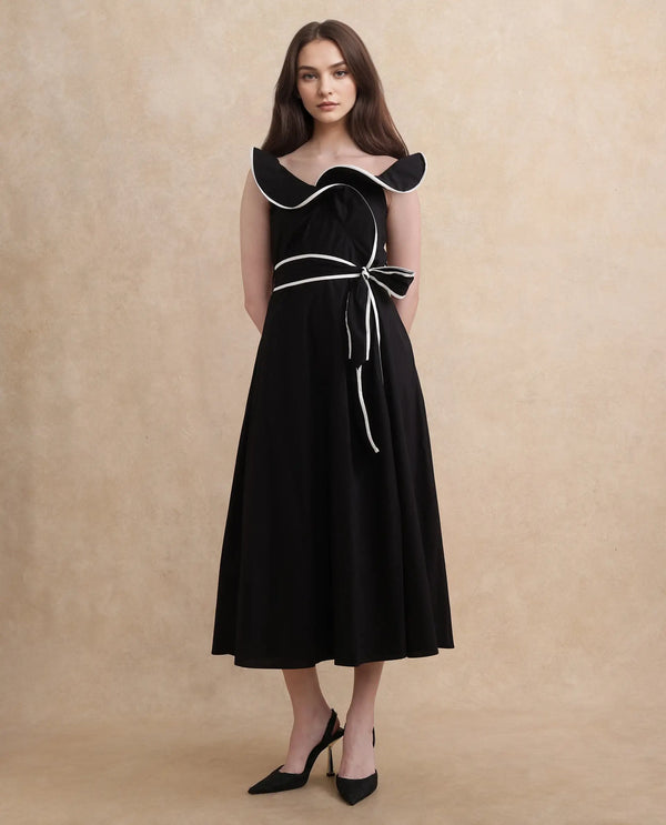 Rareism Women Janrol Black Cotton Fabric Sleeveless Johnny Collar Fit And Flare Midi Plain Dress