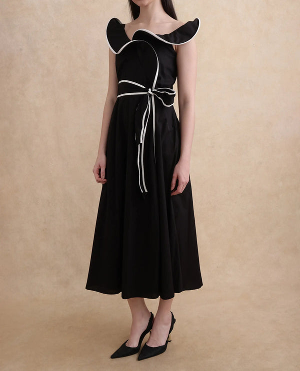 Rareism Women Janrol Black Cotton Fabric Sleeveless Johnny Collar Fit And Flare Midi Plain Dress