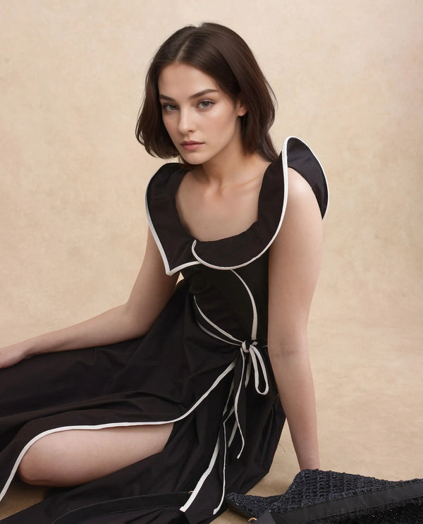 Rareism Women Janrol Black Cotton Fabric Sleeveless Johnny Collar Fit And Flare Midi Plain Dress