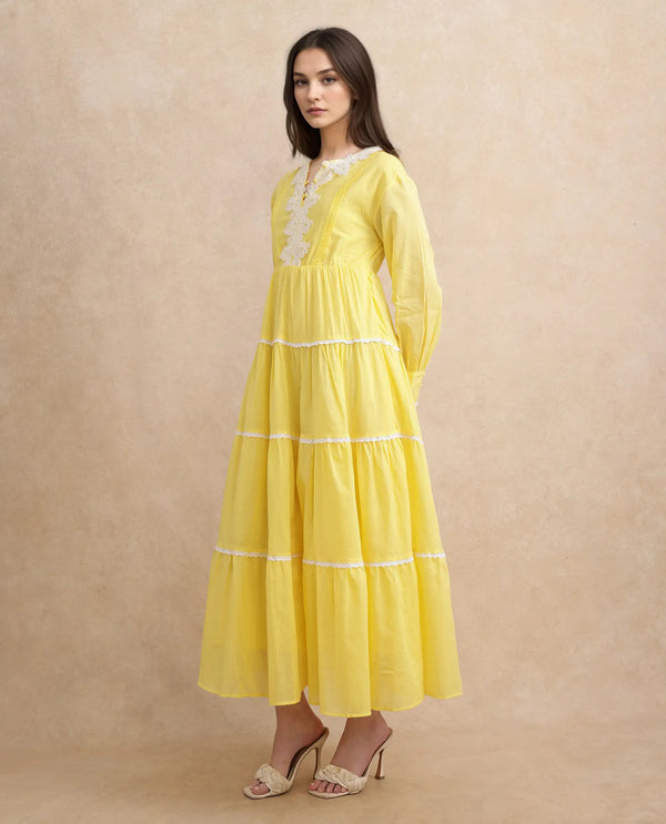 Rareism Women's Janron Mustard Cotton Fabric Round Neck Button Closure Bishop Sleeve Plain Fit And Flare Maxi Dress