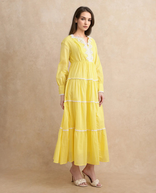 Rareism Women's Janron Mustard Cotton Fabric Round Neck Button Closure Bishop Sleeve Plain Fit And Flare Maxi Dress