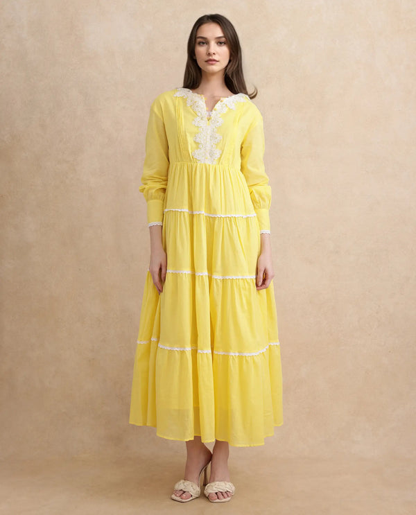 Rareism Women's Janron Mustard Cotton Fabric Round Neck Button Closure Bishop Sleeve Plain Fit And Flare Maxi Dress
