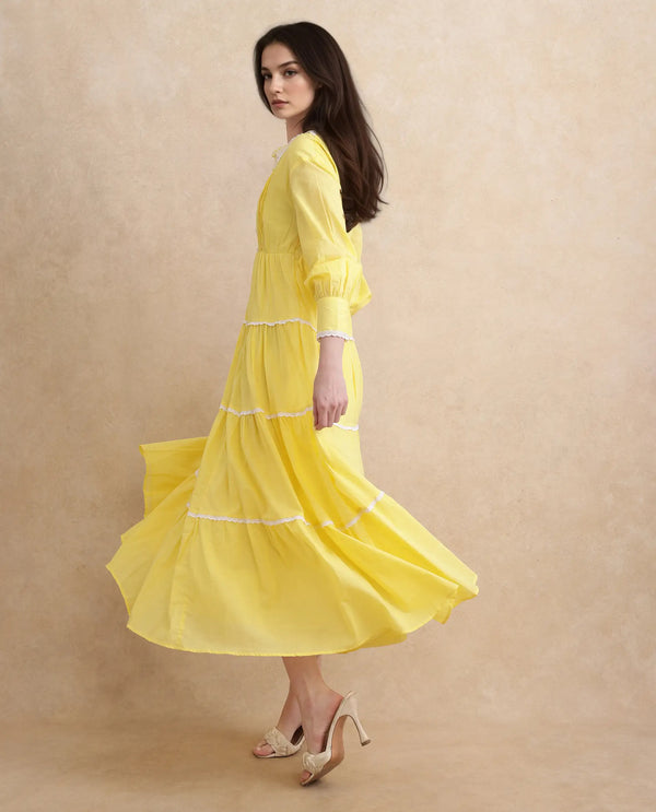 Rareism Women's Janron Mustard Cotton Fabric Round Neck Button Closure Bishop Sleeve Plain Fit And Flare Maxi Dress