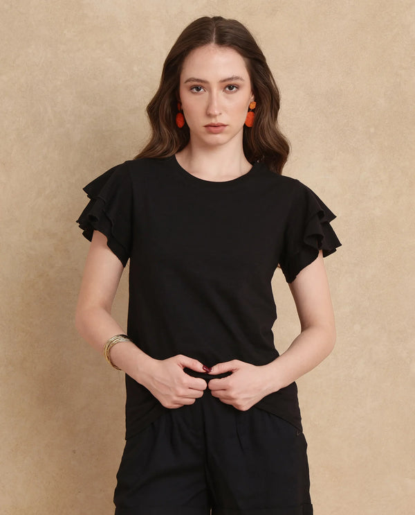 Rareism Women Janruf Black Rayon Nylon Fabric Ruffled Sleeve Band Collar Regular Fit Plain T-Shirt