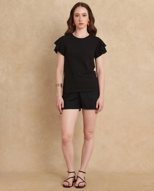 Rareism Women Janruf Black Rayon Nylon Fabric Ruffled Sleeve Band Collar Regular Fit Plain T-Shirt