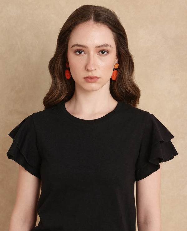 Rareism Women Janruf Black Rayon Nylon Fabric Ruffled Sleeve Band Collar Regular Fit Plain T-Shirt