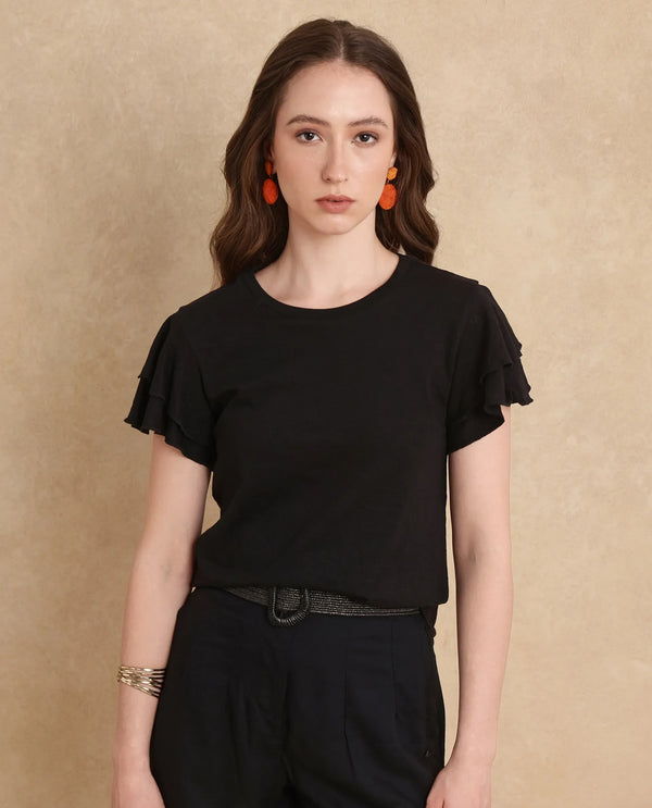Rareism Women Janruf Black Rayon Nylon Fabric Ruffled Sleeve Band Collar Regular Fit Plain T-Shirt