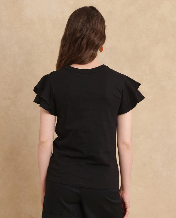 Rareism Women Janruf Black Rayon Nylon Fabric Ruffled Sleeve Band Collar Regular Fit Plain T-Shirt